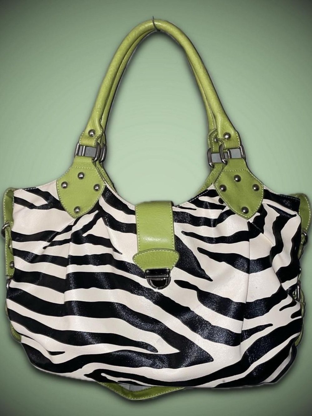 Zebra Print Tote Handbag with Lime Green Trim
